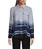 Color:Etched Border - Image 3 - Petite Size Olivia Point Collar Etched Border Long Roll-Tab Sleeve Button Front Utility Blouse