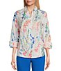 Color:Vine Floral - Image 1 - Petite Size Taylor Gold Label Non-Iron Vine Floral 3/4 Cuffed Sleeve Point Collar Y-Neck Button Front Shirt