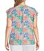 Color:Speckled Garden - Image 2 - Plus Size Woven Floral Scoop Neck Flutter Cap Sleeve Button Front Top
