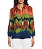 Color:Blurry Stripe - Image 1 - Woven Point Collar 3/4 Sleeve Button Front Top