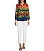Color:Blurry Stripe - Image 5 - Woven Point Collar 3/4 Sleeve Button Front Top