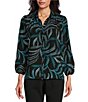 Color:Stippled Palms - Image 1 - Woven Stippled Palms Print Point Collar 3/4 Sleeve Button-Front Top