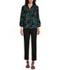 Color:Stippled Palms - Image 3 - Woven Stippled Palms Print Point Collar 3/4 Sleeve Button-Front Top