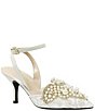 Color:Ivory/White - Image 1 - Desdemona Floral Mesh and Pearl Applique Ankle Strap Pumps
