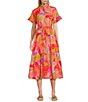 Color:Pink Multi - Image 1 - Eden Printed Button Up Ruffle High Neck Short Sleeve Tie Waist Side Pocket A-Line Midi Dress