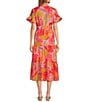 Color:Pink Multi - Image 2 - Eden Printed Button Up Ruffle High Neck Short Sleeve Tie Waist Side Pocket A-Line Midi Dress