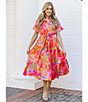 Color:Pink Multi - Image 4 - Eden Printed Button Up Ruffle High Neck Short Sleeve Tie Waist Side Pocket A-Line Midi Dress