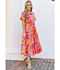 Color:Pink Multi - Image 5 - Eden Printed Button Up Ruffle High Neck Short Sleeve Tie Waist Side Pocket A-Line Midi Dress