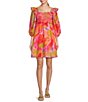 Color:Pink Multi - Image 1 - Eden Ruched Square Neck Shoulder Trim Pocketed 3/4 Sleeve A-line Dress