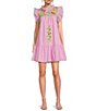 Color:Lavender Mul - Image 1 - Harlyn Embroidered Mock Neck Ruffled Cap Sleeve Novelty Trim Tiered Shift Dress