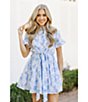 Color:White/Blue - Image 4 - Palmer Floral Print Short Ruffled Sleeve Belted Button Front Dress