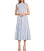 Color:White/Blue - Image 1 - Palmer Sleeveless Ruffle Mock Neck Ruched Tiered Pocketed Midi Dress