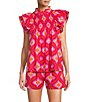 Color:Pink - Image 1 - Quinn Printed Ruffle Mock Neck Cap Sleeve Pleated Coordinating Woven Top