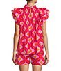 Color:Pink - Image 2 - Quinn Printed Ruffle Mock Neck Cap Sleeve Pleated Coordinating Woven Top