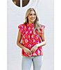 Color:Pink - Image 6 - Quinn Printed Ruffle Mock Neck Cap Sleeve Pleated Coordinating Woven Top