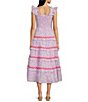 Color:Lavender Multi - Image 2 - Ruffle Strap Tiered Sleeveless Square Neck Pocketed Midi Dress