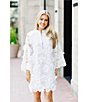 Color:White - Image 4 - Seraphina Floral 3D Lace Split V Button Up Long Sleeve Shift Dress