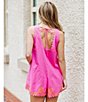 Color:Pink - Image 6 - V-Neck Sleeveless Embroidered Scalloped Romper