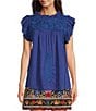 Color:Royal Blue - Image 1 - Woven Embroidered Cap Sleeve Ruffled Trim Top