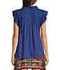 Color:Royal Blue - Image 2 - Woven Embroidered Cap Sleeve Ruffled Trim Top