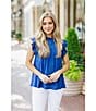 Color:Royal Blue - Image 4 - Woven Embroidered Cap Sleeve Ruffled Trim Top