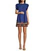 Color:Royal Blue - Image 3 - Woven Embroidered Cap Sleeve Ruffled Trim Top
