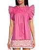 Color:Pink - Image 1 - Wrin Woven Embroidered Cap Sleeve Ruffled Trim Top