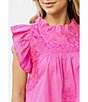Color:Pink - Image 6 - Wrin Woven Embroidered Cap Sleeve Ruffled Trim Top