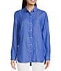 Color:French Blue - Image 1 - Britt Linen Point Collar Long Sleeve Button Front Blouse