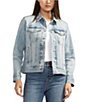 Color:Beverly Blue - Image 1 - Kiara Point Collar Flap Chest Pocket Long Sleeve Denim Jacket