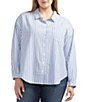 Color:Blue Stripe - Image 1 - Plus Size Stripe Long Sleeve Relaxed Button Down Shirt