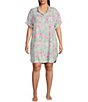 Color:Hibiscus - Image 1 - Plus Size Woven Short Sleeve Button Front Collar Hibiscus Print Sleepshirt