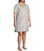 Color:Hibiscus - Image 3 - Plus Size Woven Short Sleeve Button Front Collar Hibiscus Print Sleepshirt