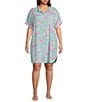 Color:Leafy Palm - Image 1 - Plus Size Woven Short Sleeve Button-Front Collar Leafy Palm Print Sleepshirt