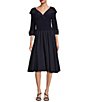 Color:Navy - Image 1 - Jersey Taffeta 3/4 Sleeve Portrait Collar Ruched A-Line Midi Dress