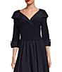 Color:Navy - Image 3 - Jersey Taffeta 3/4 Sleeve Portrait Collar Ruched A-Line Midi Dress