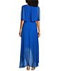 Color:Deep Blue - Image 2 - Elbow Length Sleeve Boat Neck Tie Waist Chiffon Popover Maxi Dress