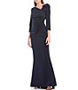 Color:Navy - Image 1 - 3/4 Sleeve Asymmetrical Neck Bow Shoulder Side Tuck Gown
