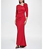 Color:Ruby Red - Image 1 - 3/4 Sleeve Asymmetrical Neck Bow Shoulder Side Tuck Gown