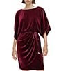 Color:Wine - Image 3 - Elbow Sleeve Boat Neck Belted Blouson Velvet Dress