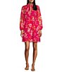 Color:Magenta - Image 1 - Long Sleeve Mock Neck Pleated Bodice Floral Chiffon Dress