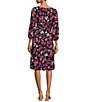 Color:Navy Multi - Image 2 - Petite Size 3/4 Balloon Sleeve Boat Neck Ruched Waist Floral Sheath Dress