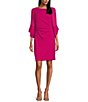 Color:Fuchsia - Image 1 - Petite Size 3/4 Bell Sleeve Boat Neck Ruched Waist Sheath Dress