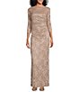 Color:Champagne - Image 1 - Petite Size 3/4 Sleeve Crew Neck Side Tuck Lace Gown