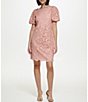Color:Pink - Image 1 - Petite Size Elbow Puff Sleeve Lace Sheath Dress