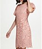 Color:Pink - Image 3 - Petite Size Elbow Puff Sleeve Lace Sheath Dress