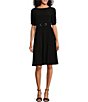 Color:Black - Image 1 - Petite Size Knit Jersey Short Sleeve Boat Neck Grommet Belt Knee Length Sheath Dress