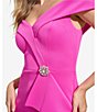Color:Fuchsia - Image 3 - Petite Size Short Sleeve Off-the-Shoulder Front Ruffle Slit Scuba A-Line Gown
