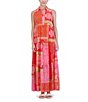 Color:Pink Multi - Image 1 - Petite Size Sleeveless Collared Neck Patchwork Print Maxi Dress