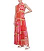 Color:Pink Multi - Image 3 - Petite Size Sleeveless Collared Neck Patchwork Print Maxi Dress